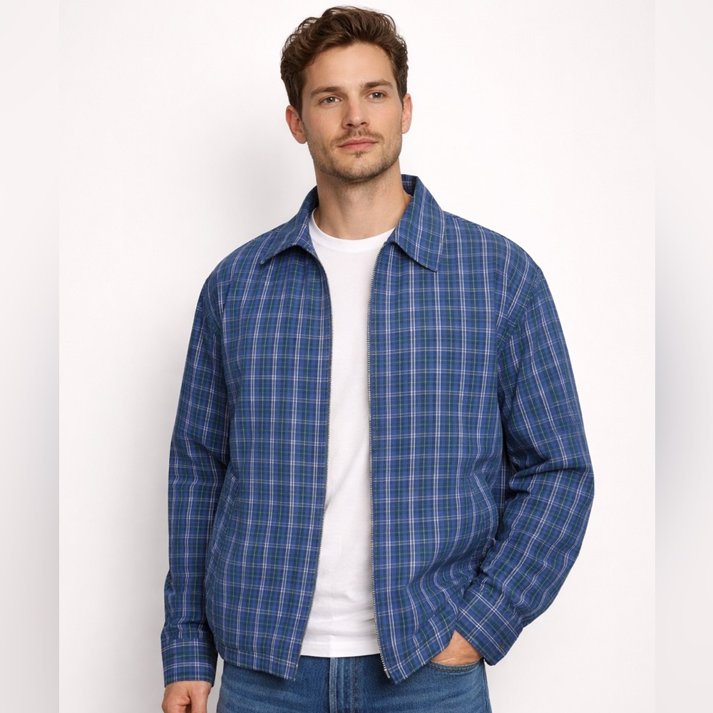 HTF RARE VTG Blue Plaid Zip-Up Shirt bomber jacket